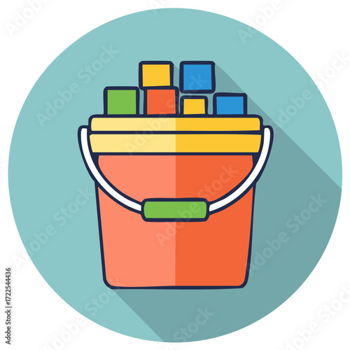 Colorful bucket filled with building blocks, icon illustration