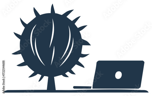 Nature and technology concept icon with a laptop and spiky tree representing remote work and online learning