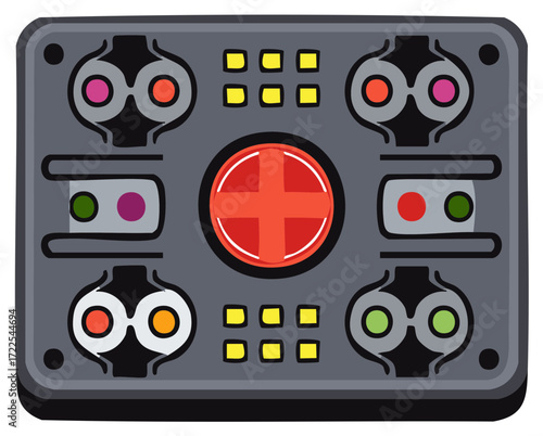 Cartoon Grey Control Panel with Colored Lights, Switches, and Round Red Button Plus Sign Icon