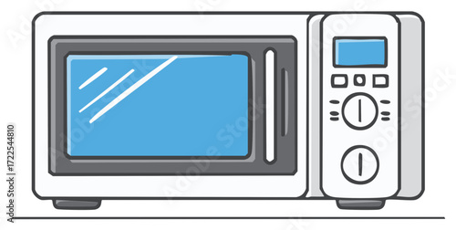 Modern White Microwave Illustration with Control Panel and Blue Door Reflecting Interior Lights