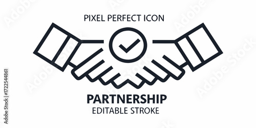 Pixel perfect icon representing partnership with handshake and checkmark for agreement and success