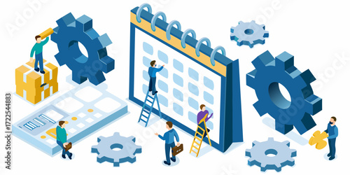 Teamwork and planning with calendar gears and calculator for business strategy and project management