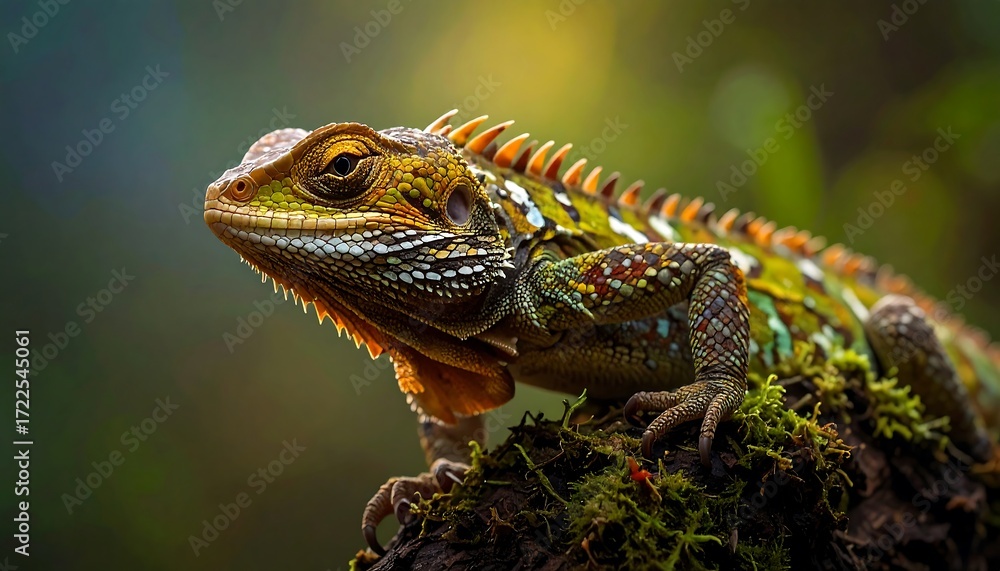 Obraz premium Close-up of a colorful lizard on mossy tree stump