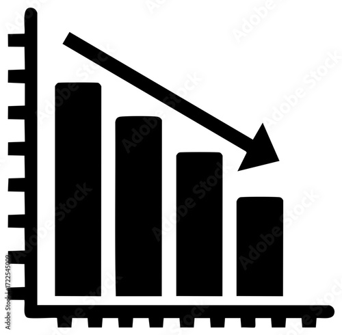 Black chart showing decreasing financial results with downward trending arrow graphic.