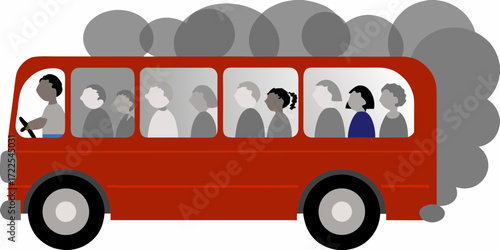 Stylized illustration of a red bus filled with diverse passengers and emitting smoke from the exhaust