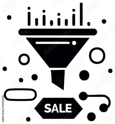 Sale funnel icon with data points and abstract shapes for marketing analytics and business strategy