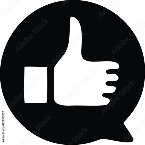 Simple black and white thumbs up icon within a circular speech bubble graphic symbol