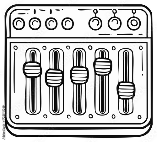 Hand-drawn audio mixer with faders and knobs for sound control, a black and white doodle illustration of a vintage equalizer.