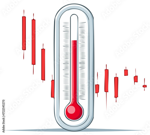 Thermometer showing rising heat alongside red stock market candlestick charts depicting decline