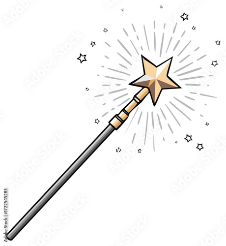Cartoon Magic Wand with Starburst and Stars Illustration