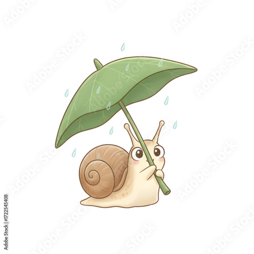 Adorable cartoon vector of a snail using a green leaf as an umbrella. Perfect for children’s designs and nature themes