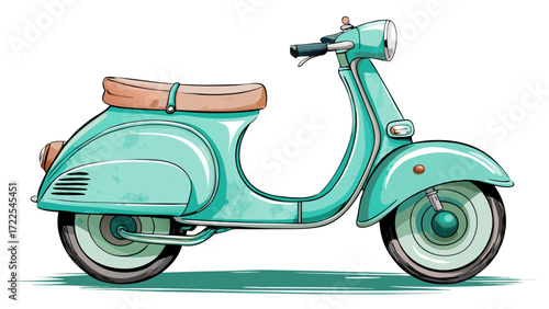 Retro teal scooter illustration with brown seat