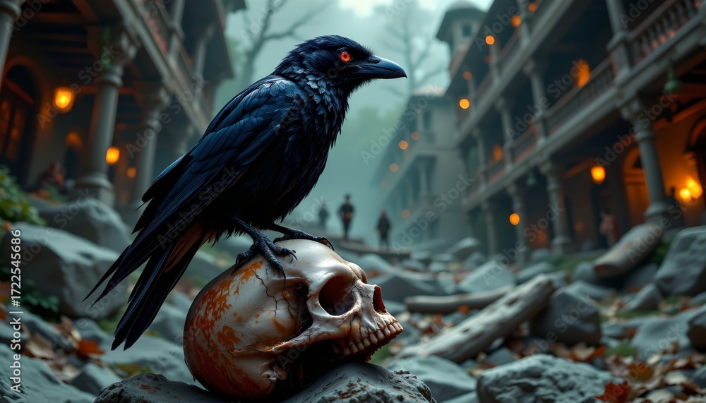 Fototapeta premium In the foreground of this image, a raven with glossy black feathers stands perched on top of a skull