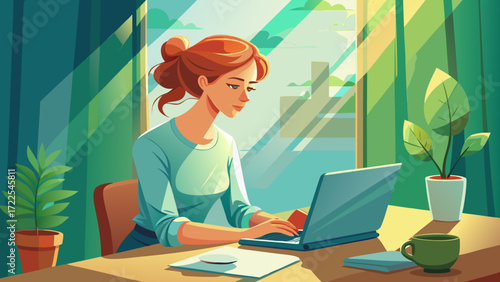 Woman working on a laptop at a desk with plants and sunlight