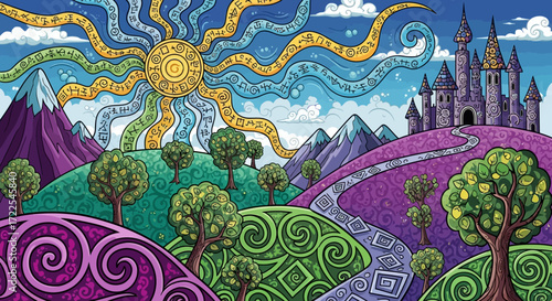 Whimsical Castle on a Hilltop with Intricate Patterns and a Stylized Sun.