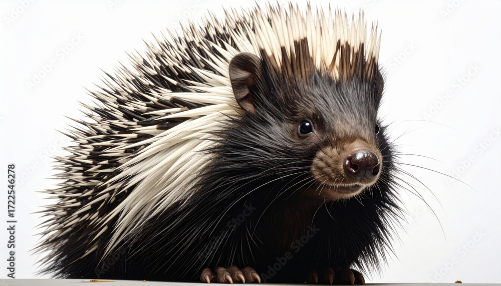 Naklejka premium A porcupine—quills sharp, stance steady, profile etched in contrast—rests in primal alertness. A metaphor for guarded resilience and the choreography of instinctive defense.