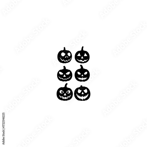 Halloween pumpkin vector set with 12 spooky jack-o’-lantern faces. Creepy carved pumpkins with scary and funny expressions. Perfect silhouettes for Halloween