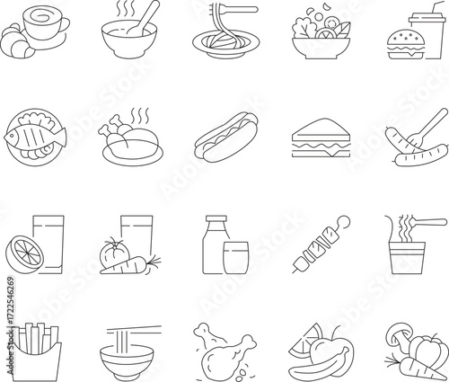 Editable stroke line icons representing food and meal preparation elements