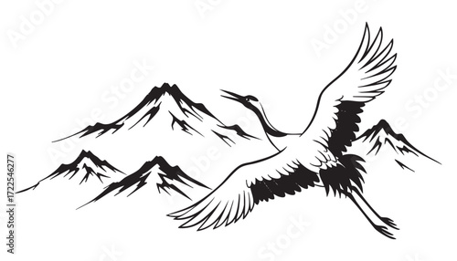 japan traditional crane bird flying, mountains abstract brush sketch illustration