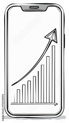Hand Drawn Smartphone Screen Displaying Upward Trend Bar Chart and Arrow Illustration