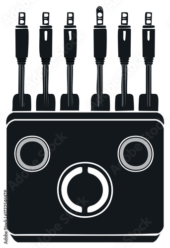 Stylized black sound mixing board with jacks, buttons, and a stylized design for audio control.