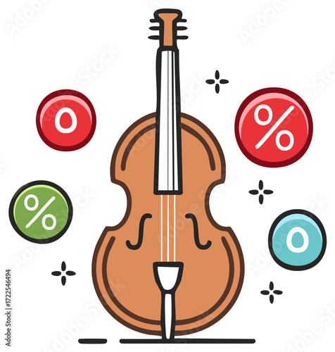 Cello illustration with percent symbols and zeros representing musical discount offers and education benefits