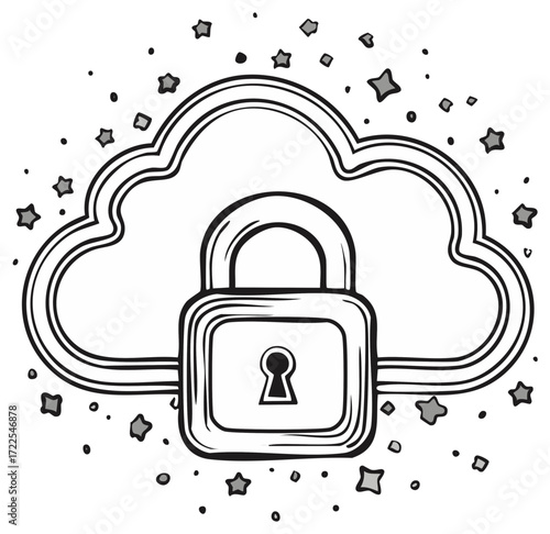 Secure Cloud Computing Data Protection Lock and Stars Illustration