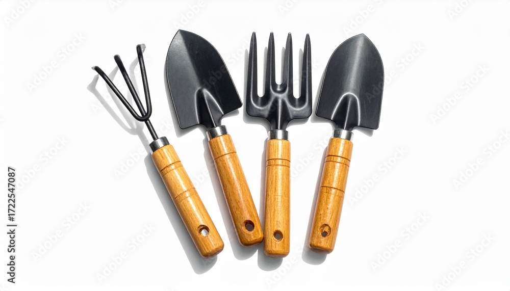 Naklejka premium Three gardening tools—trowels and cultivator, metal ends and wooden grips—rest in parallel stillness. A metaphor for patient tending and the choreography of grounded care.