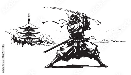 traditional Samurai wielding katana sword pagoda temple background abstract brush sketch vector illustration