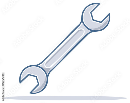 Cartoon Style Open End Wrench Illustration, Silver Metal, Tools, Engineering and Automotive Concept