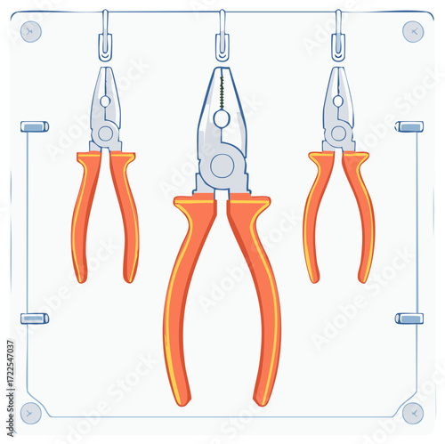Three various pliers hanging on a transparent tool board showcasing tool organization and accessibility