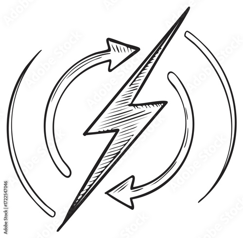 Hand drawn lightning bolt with circular arrows symbolizing energy flow and recharge