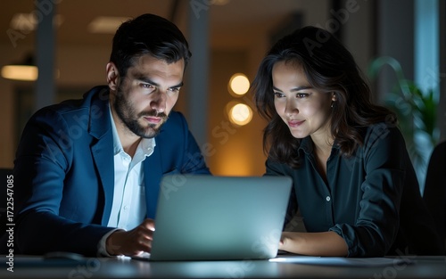 Making important decisions together to improve their chances at success. Cropped shot of two colleagues working late on a laptop in an office. High quality