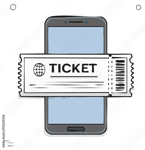 Smartphone with ticket icon; illustration of travel and booking online.