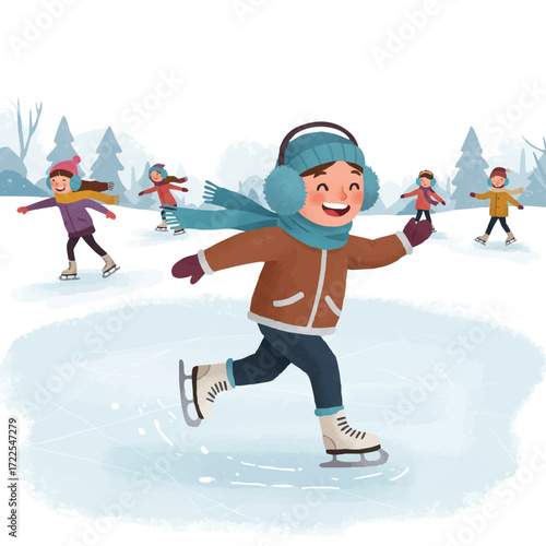 A happy child in a vibrant winter coat, earmuffs, and ice skates gracefully glides across a frozen pond in this 2D flat vector illustration, with other children also skating.
