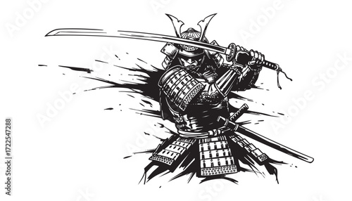 traditional Samurai with katana sword abstract brush sketch vector illustration