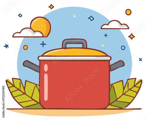 Cartoon illustration of a cooking pot surrounded by nature elements, a whimsical depiction