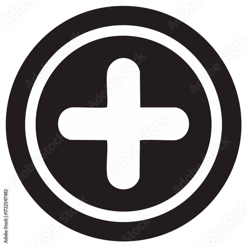 Bold white plus symbol inside a black circle graphic design element for additions and positive choices