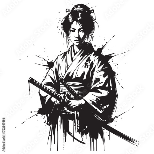 japan traditional woman samurai with katana abstract brush sketch illustration