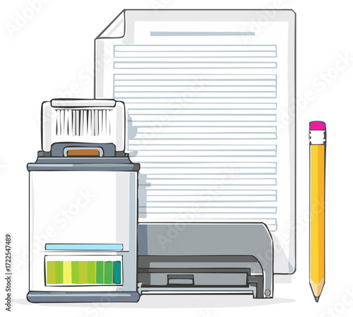 Vector illustration of a paper shredder, official document, and pencil symbolizing data security