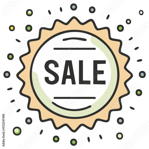 Hand Drawn Sunburst Badge Sale Icon. Retro Cartoon Style Promotion Design Featuring Discount Offers and Seasonal Shopping