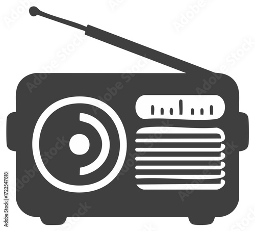 Simple illustration of a vintage radio with a telescopic antenna and speaker