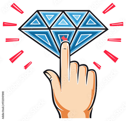 Hand touching diamond with finger, gemstone, idea, business concept
