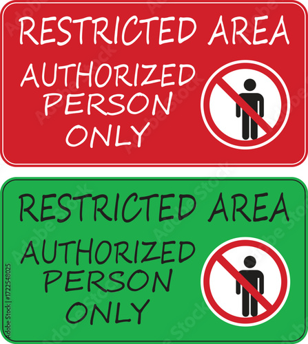 Restricted Area Authorized person icon set. Printable warning sticker. private property warning limit access signboard. Prohibited area sign board suitable used in the building, outdoors and others.