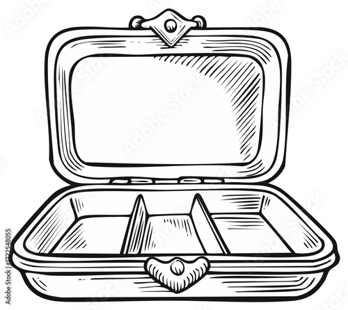 Open Jewelry Box Line Art Illustration Black and White Engraving Style Container for Gems and Valuables