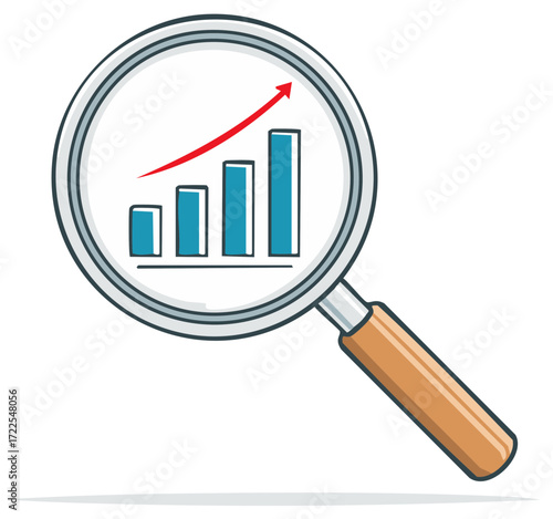 Magnifying glass with upward trend graph, business growth and financial success