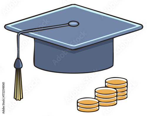 Blue graduation cap and ascending gold coin stacks depicting educational investment and costs.