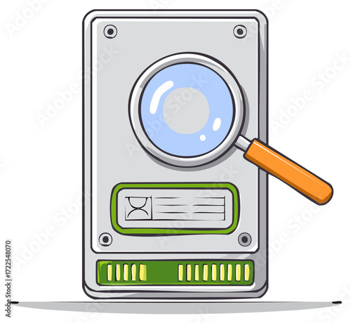 Cartoon Hard Drive Analyzed with Magnifier Icon Digital Information Storage