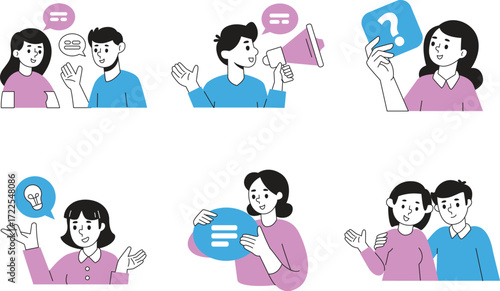 Six cartoon illustrations of people interacting
