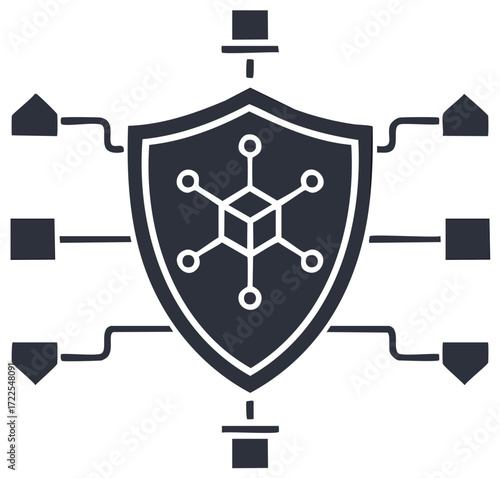 Digital network security shield with connected nodes representing data protection and connectivity